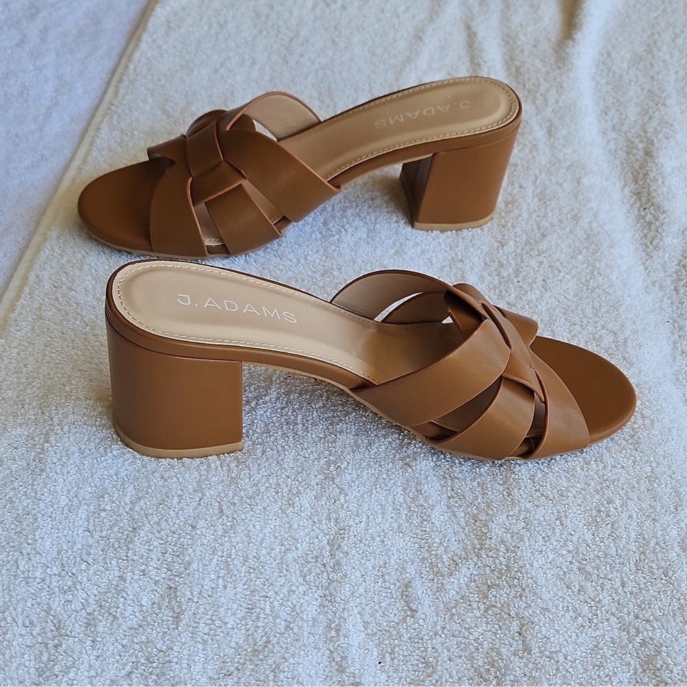 J. Adams Tan PU Strappy Block Heel Mule Open Toe Slip On Size 5.5